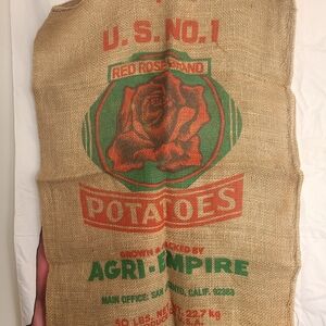 Agri-Empire Red Rose Brand Vintage Jute Advertising Feed Sack Potatoes